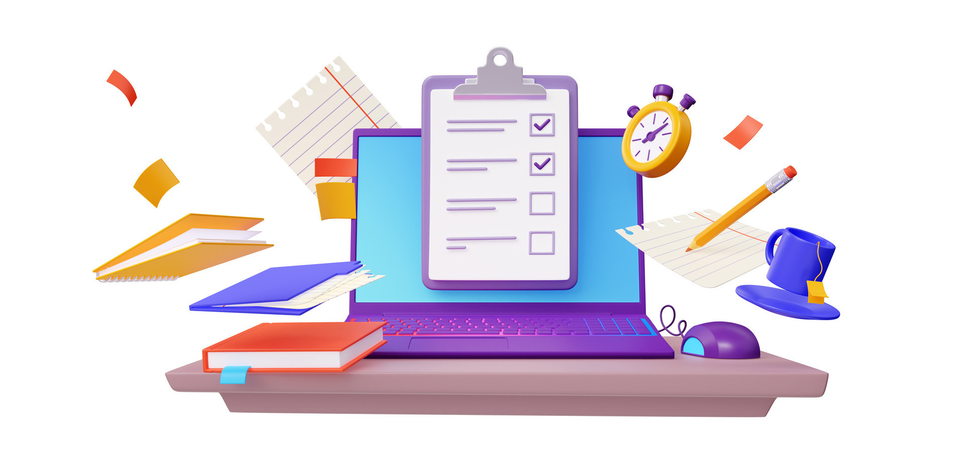 Online survey 3d render, laptop, form with ticks