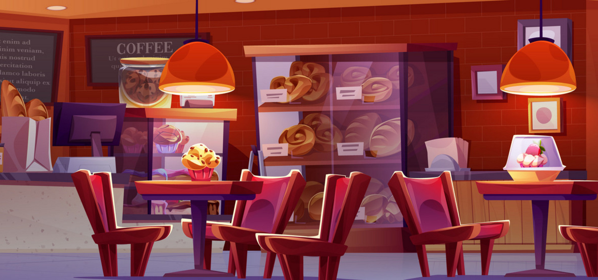 Bakery shop interior with counter cartoon vector